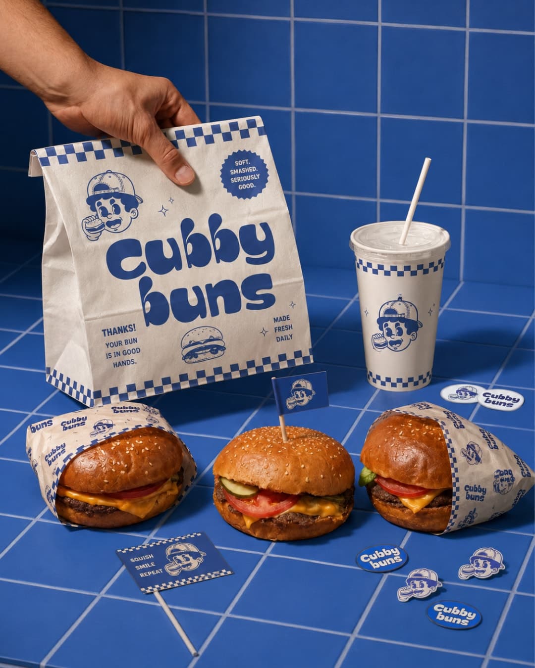 Three burgers, a branded bag and cup on a blue-tiled counter