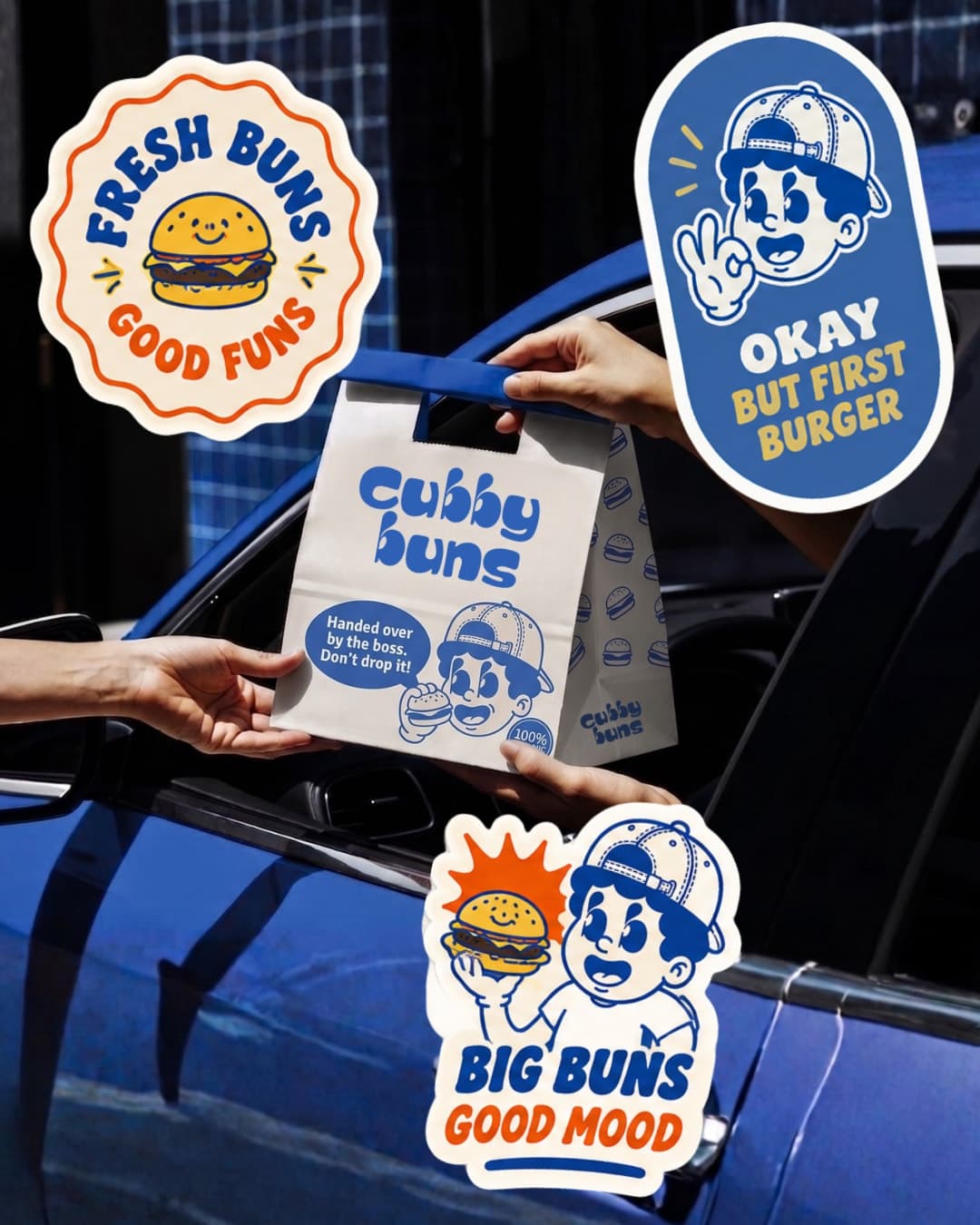 A Cubby Buns bag handed through a car window, with the sticker set