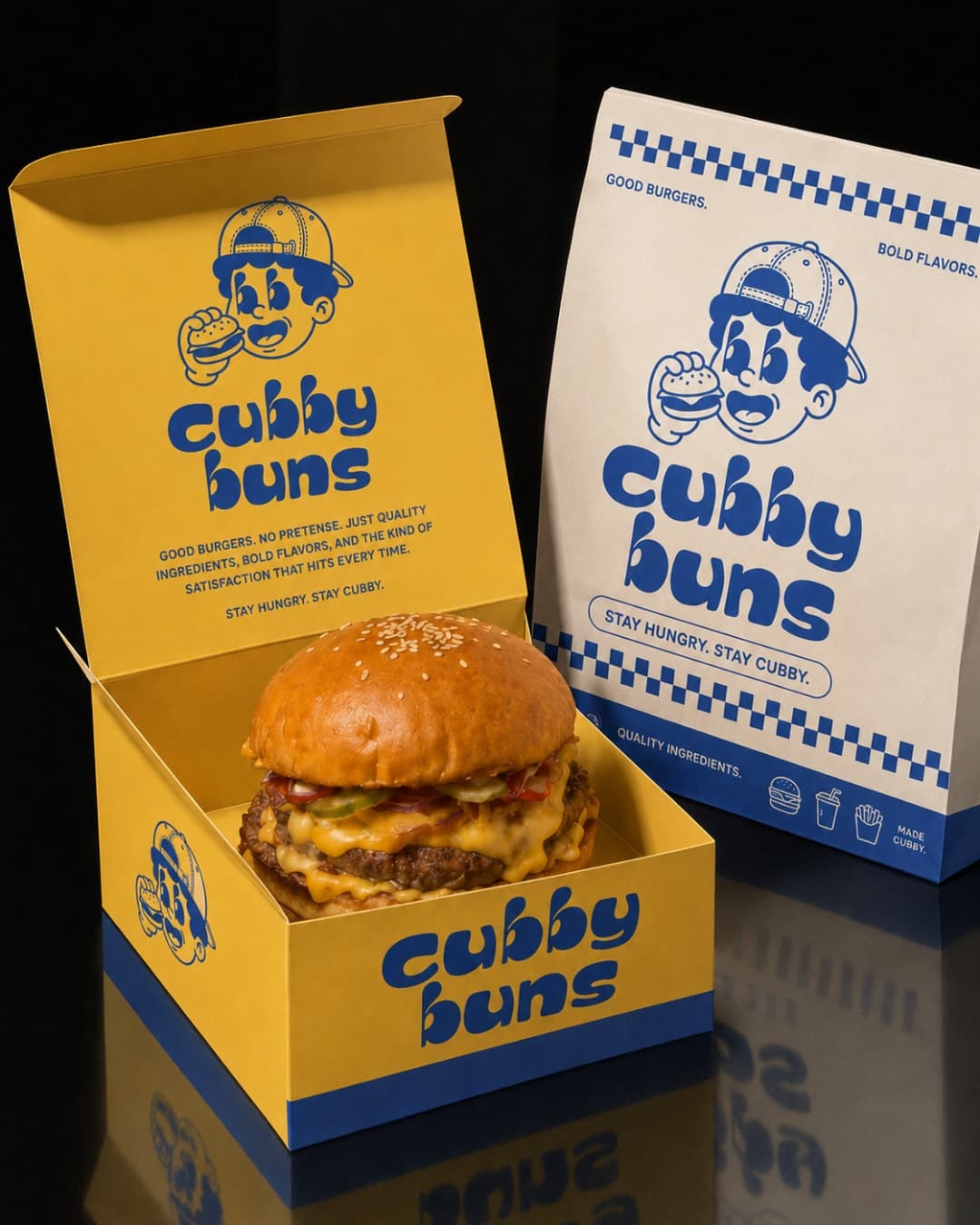 Yellow Cubby Buns burger box and paper bag