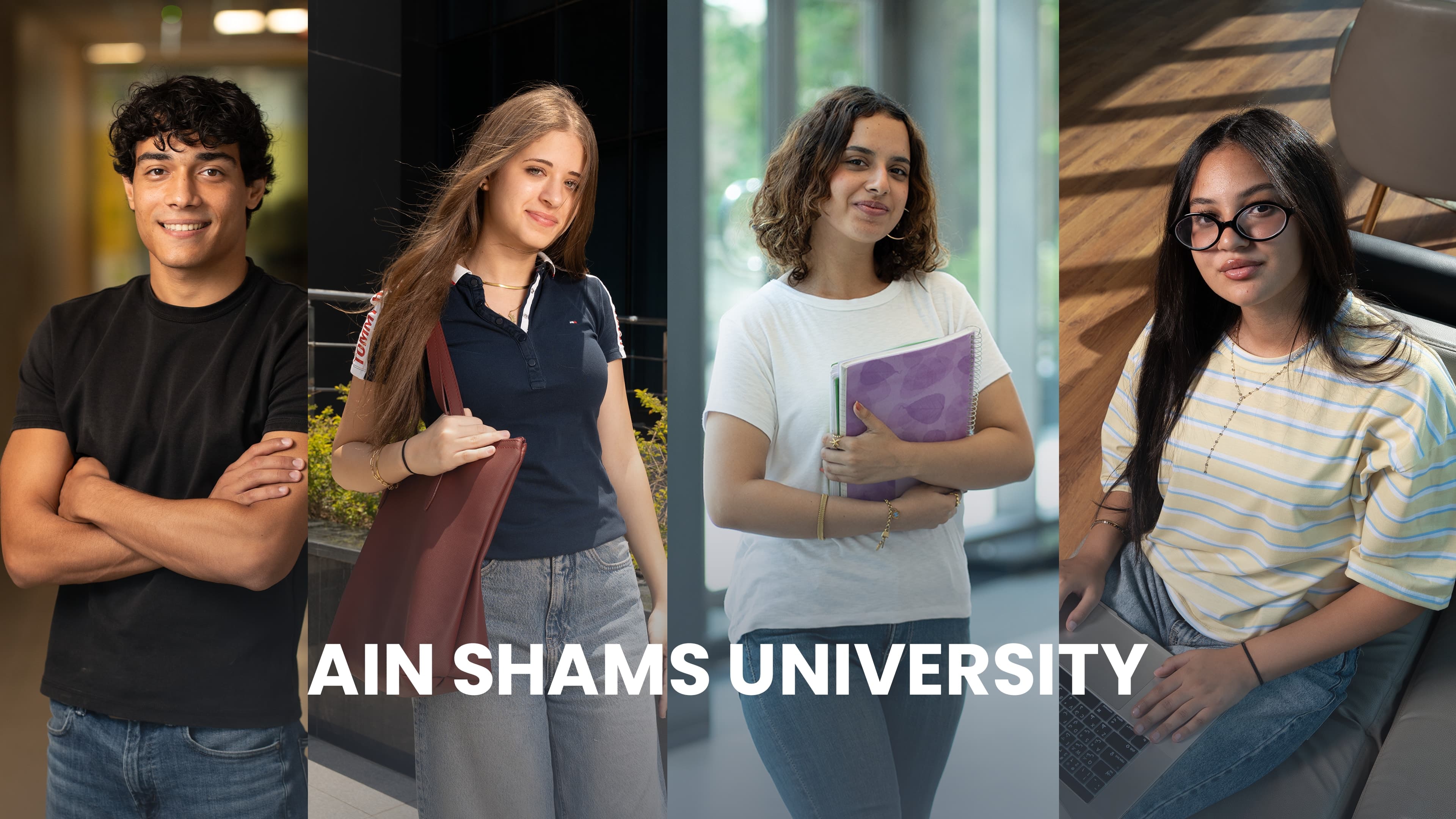 Four student portraits side by side under the Ain Shams University name