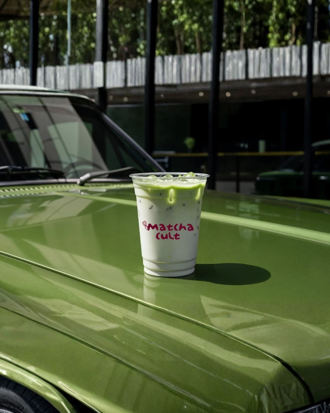 Iced matcha on the bonnet of a green vintage car