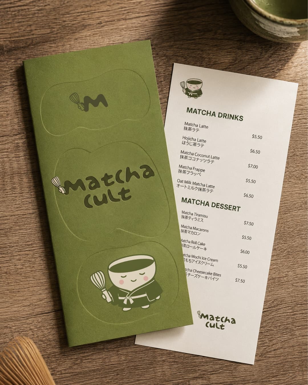 Folded menu featuring the Matcha Cult character