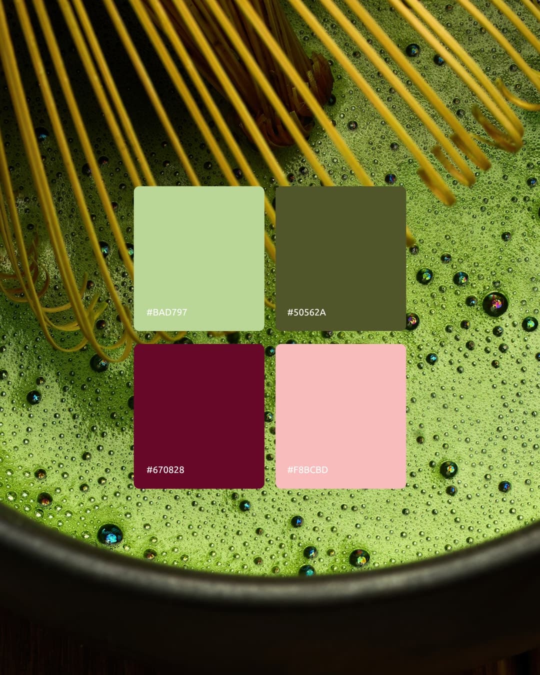 Whisked matcha with the brand's four colour swatches