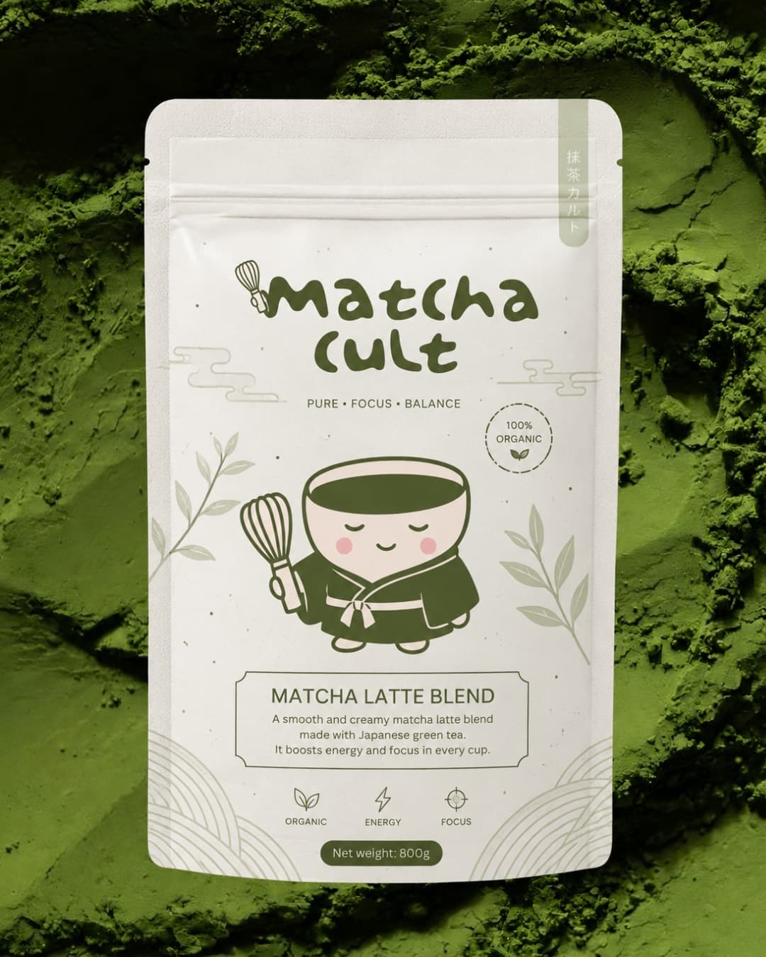 Matcha Cult latte-blend pouch on a bed of matcha powder