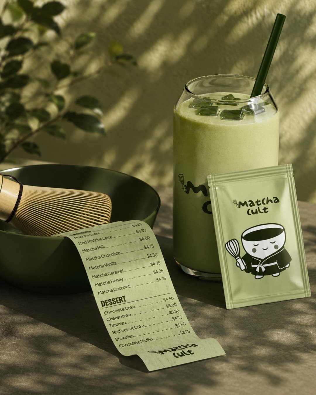 Iced matcha, whisk and a branded receipt in dappled light
