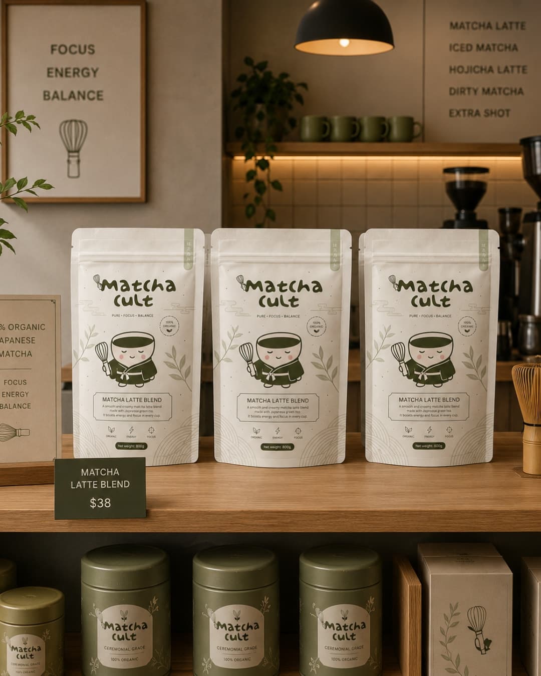 Latte-blend pouches and tins on a café shelf