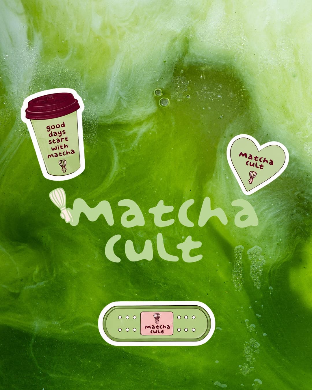 Sticker set floating on a swirling matcha surface
