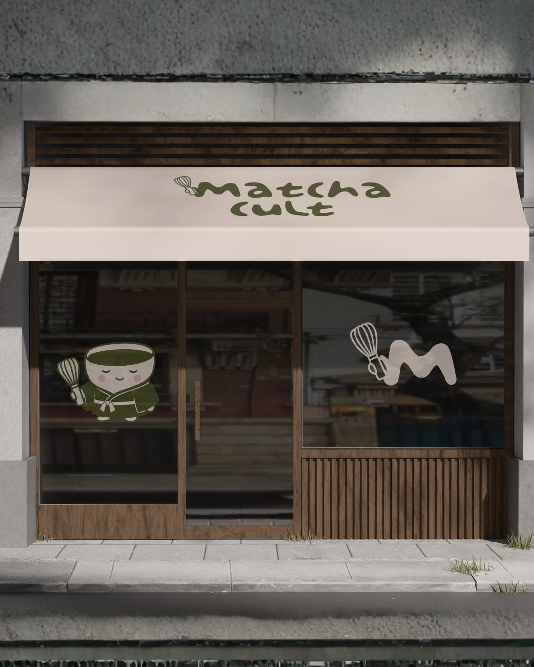 Matcha Cult storefront with awning and window decals