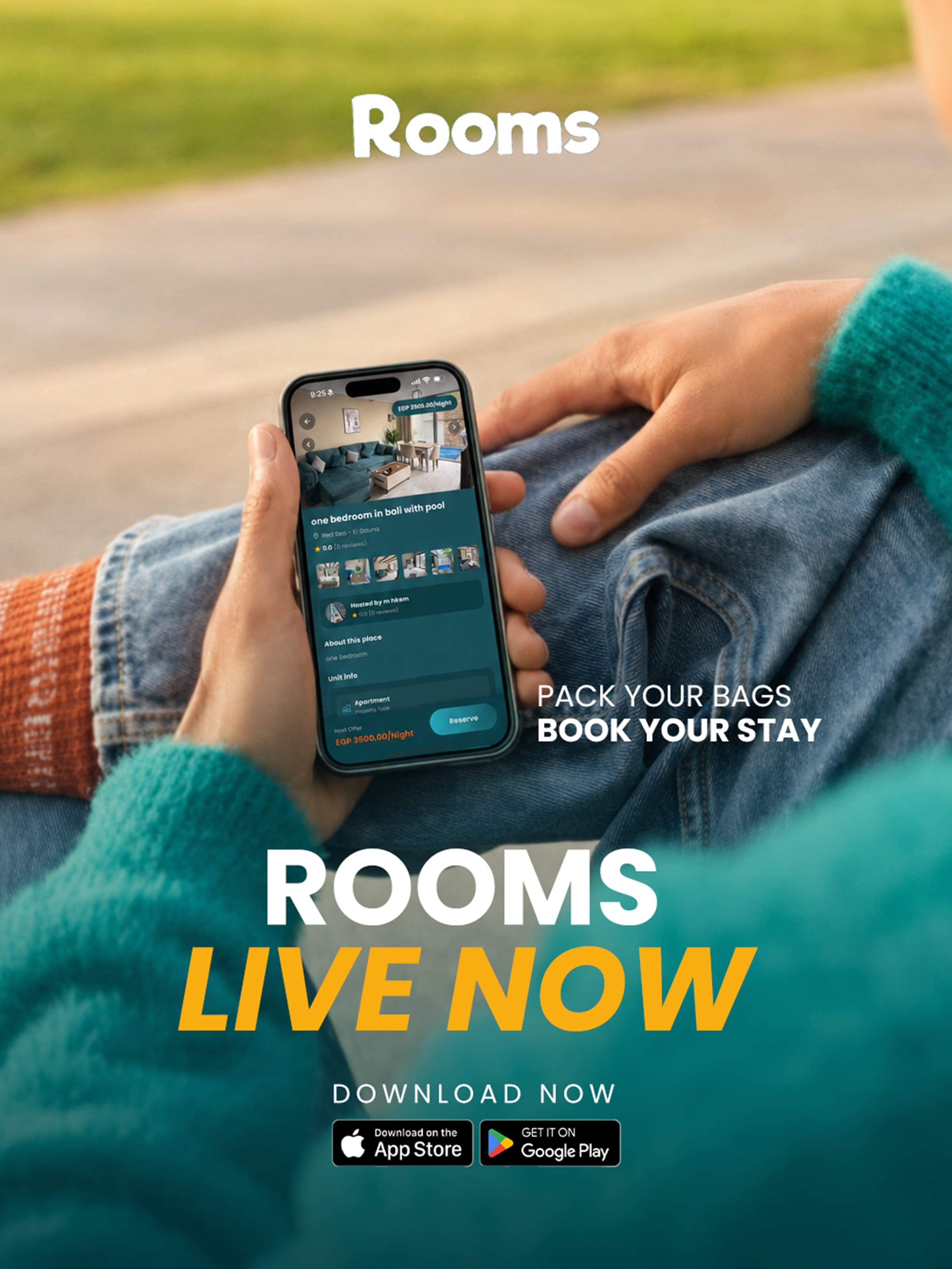 Rooms live now — pack your bags, book your stay; the app in hand