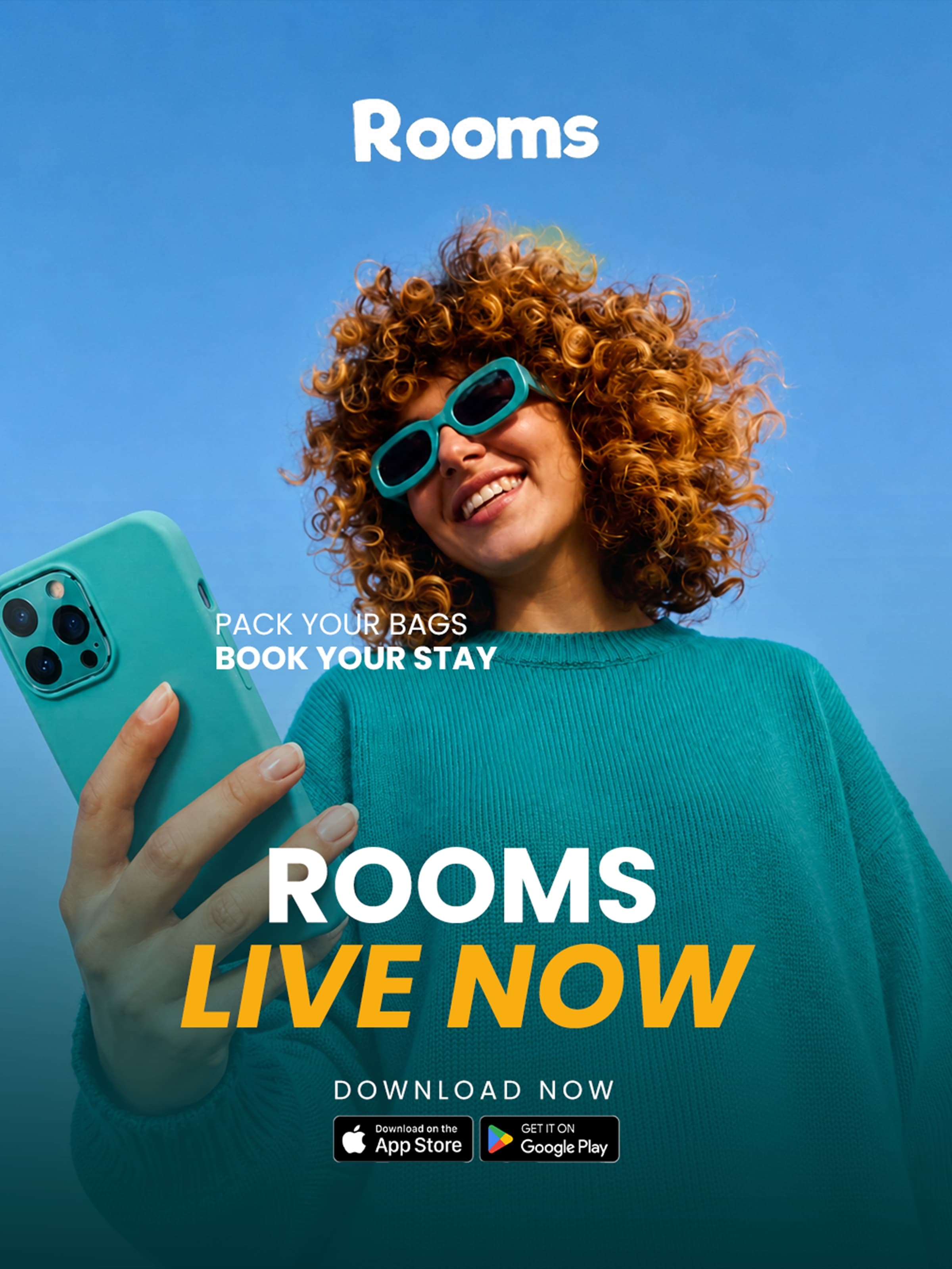 Rooms live now — a woman in a teal sweater holding up her phone
