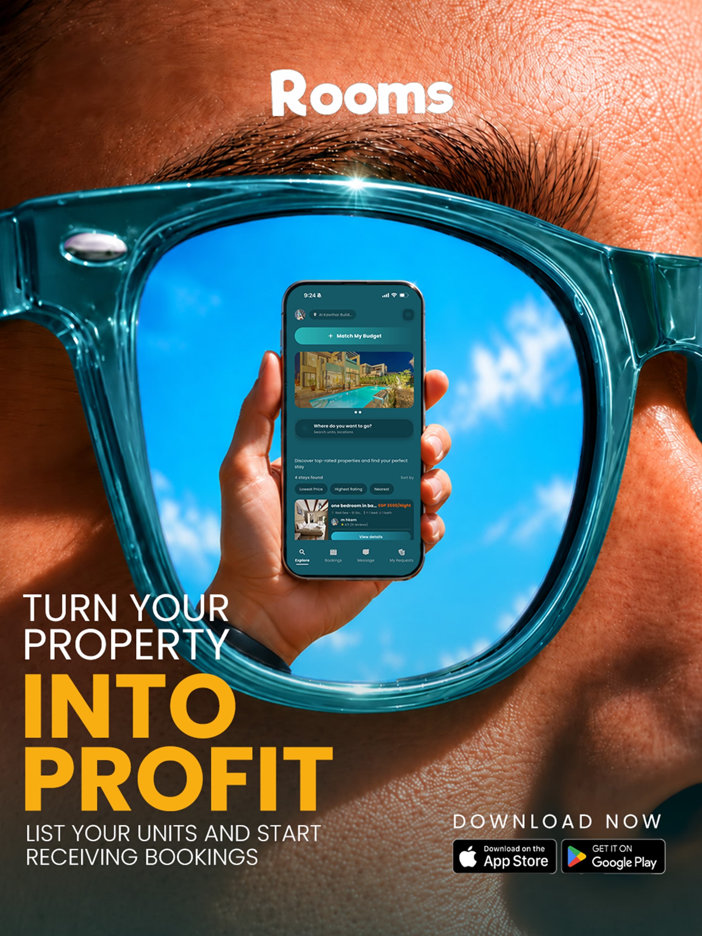 Turn your property into profit — the app reflected in a host's sunglasses